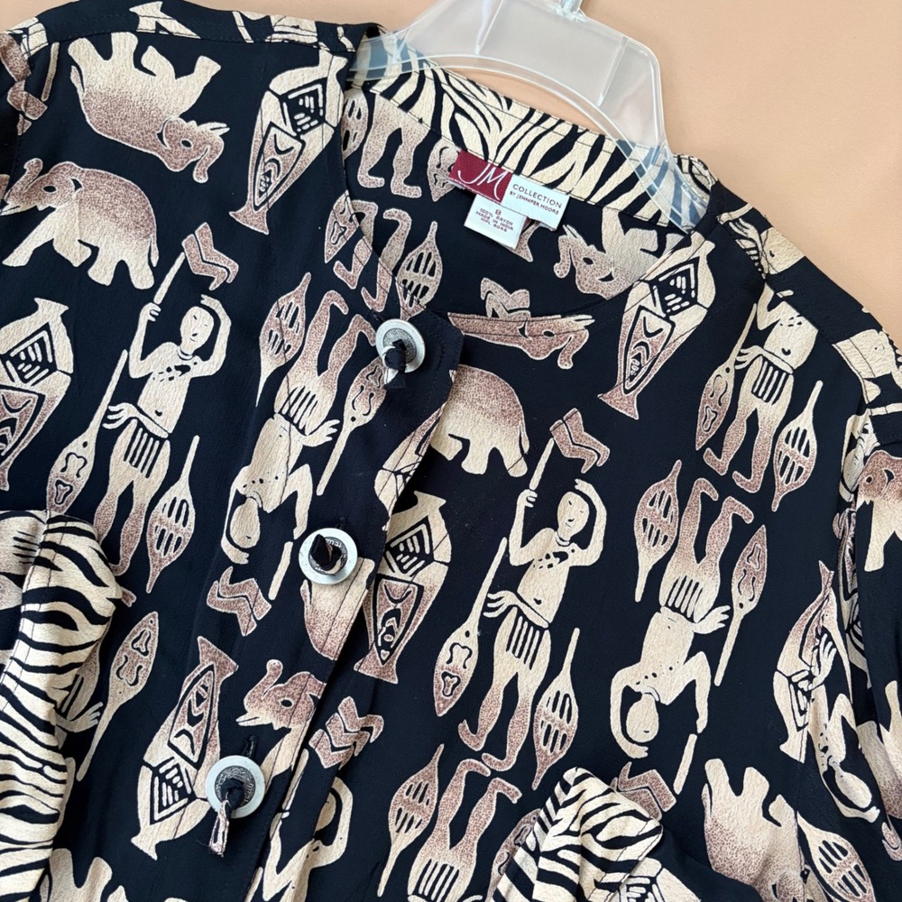 JM Collection Jennifer Moore Tribal Elephant Rayon Blouse Coin Buttons Safari 8